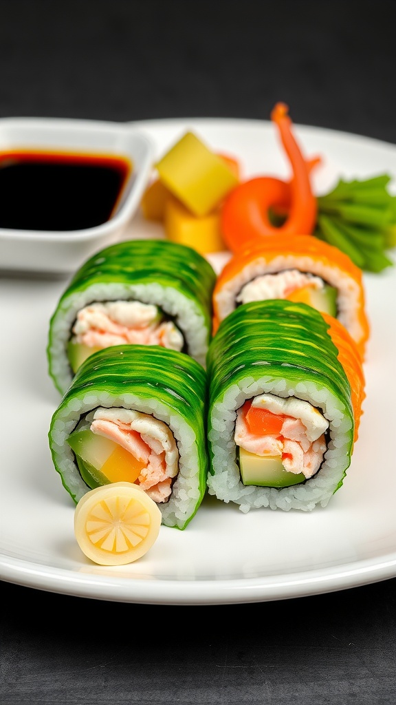 Four pieces of California roll sushi on a plate, served with soy sauce, wasabi, and pickled ginger.